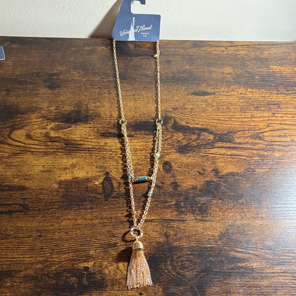 Universal Thread Gold-Tone Layered Necklace with Pink Tassel and Turquoise Beads